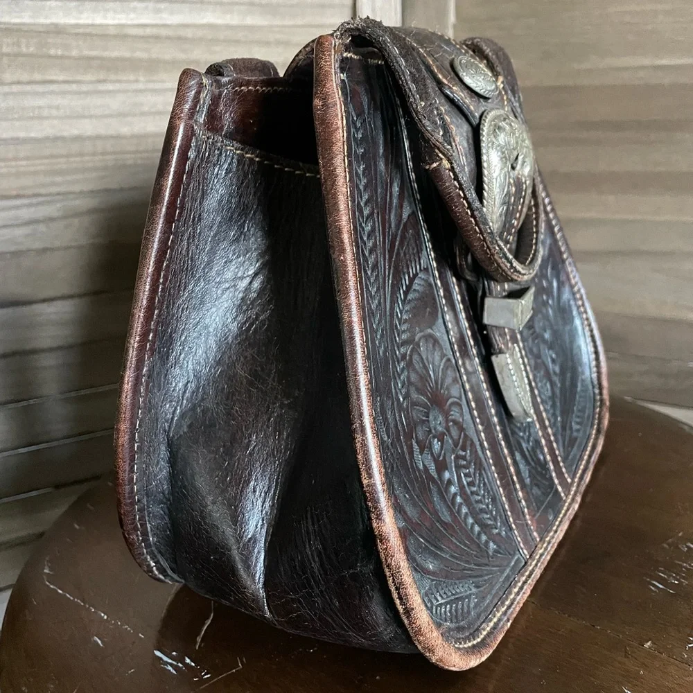 Vintage American West Western Tooled Leather Floral Satchel Tote Handbag Dark - Picture 8 of 10